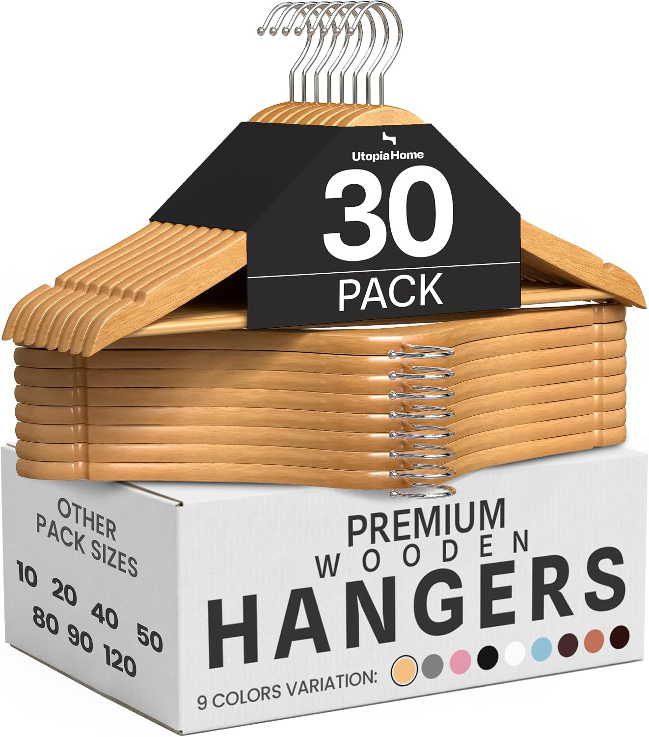 Utopia Home Wooden Hangers 30 Pack – Slim Suit Hangers Natural | 360° rotatable hook | Shoulder grooves | Durable & slim design | Ideal for suits. coats & jackets